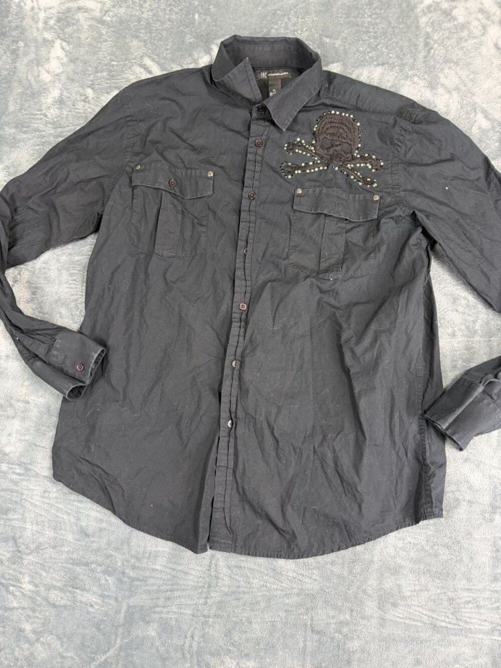 INC Mens Black Button-Up Shirt Embroidered Skull & Rhinestone XL